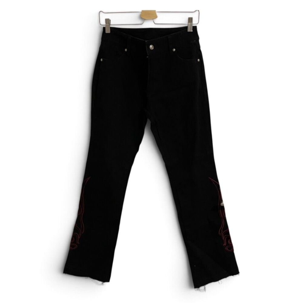 Vintage Harley Davidson Black Red Flame Embroidered Bootcut Jeans Size 2